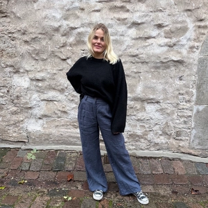 Linnebyxor med hög midja och vida ben - Denim blue