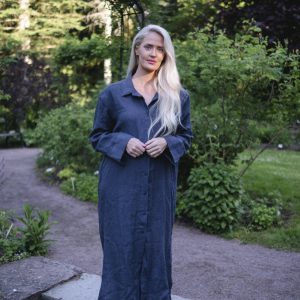 Långskjorta i linne med knappar - Denim blue